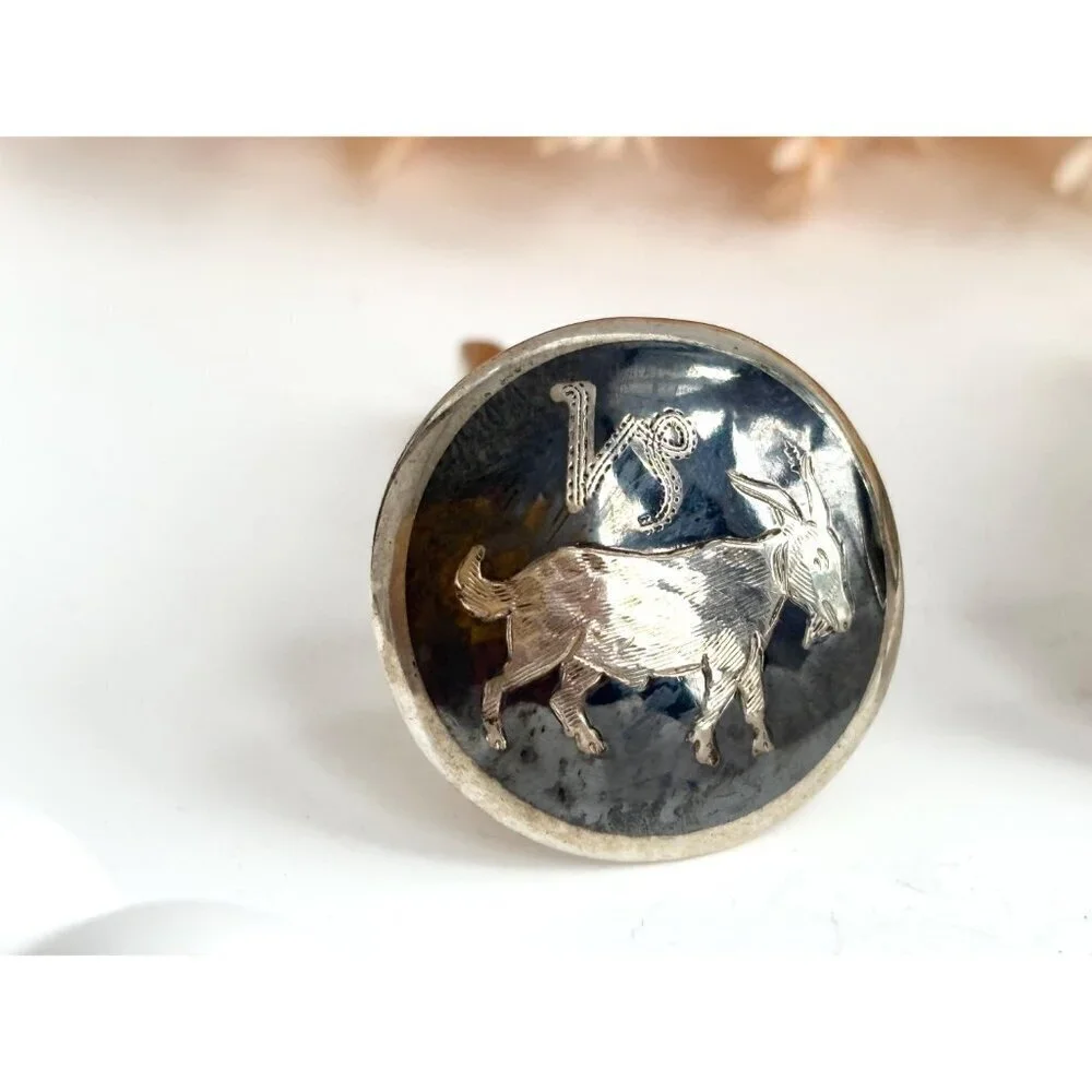 Siam Sterling Taurus Figural Nielloware Enamel Vintage Black Round Cufflinks